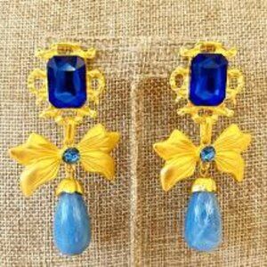 DBE89 Blue BOW Earrings in Gold by BUNNY